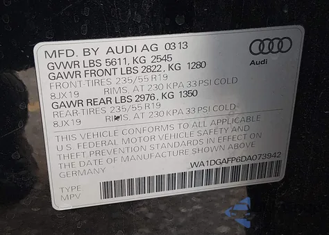 2013 Audi Q5 3.0T Premium Plus z USA, uszkodzony, nr VIN WA1DGAFP6DA073942